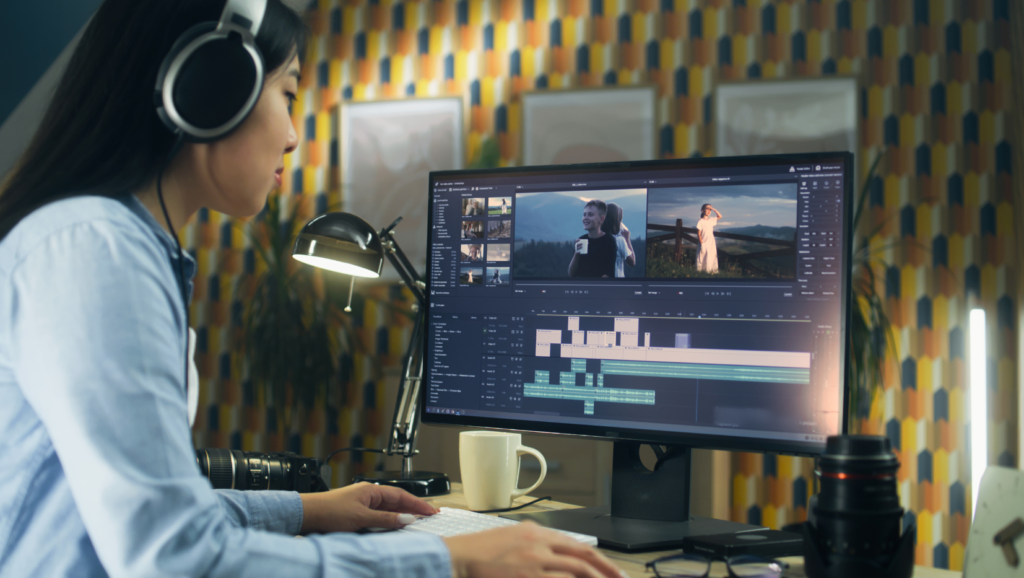 女性がヘッドフォンをしながら、動画編集をしている