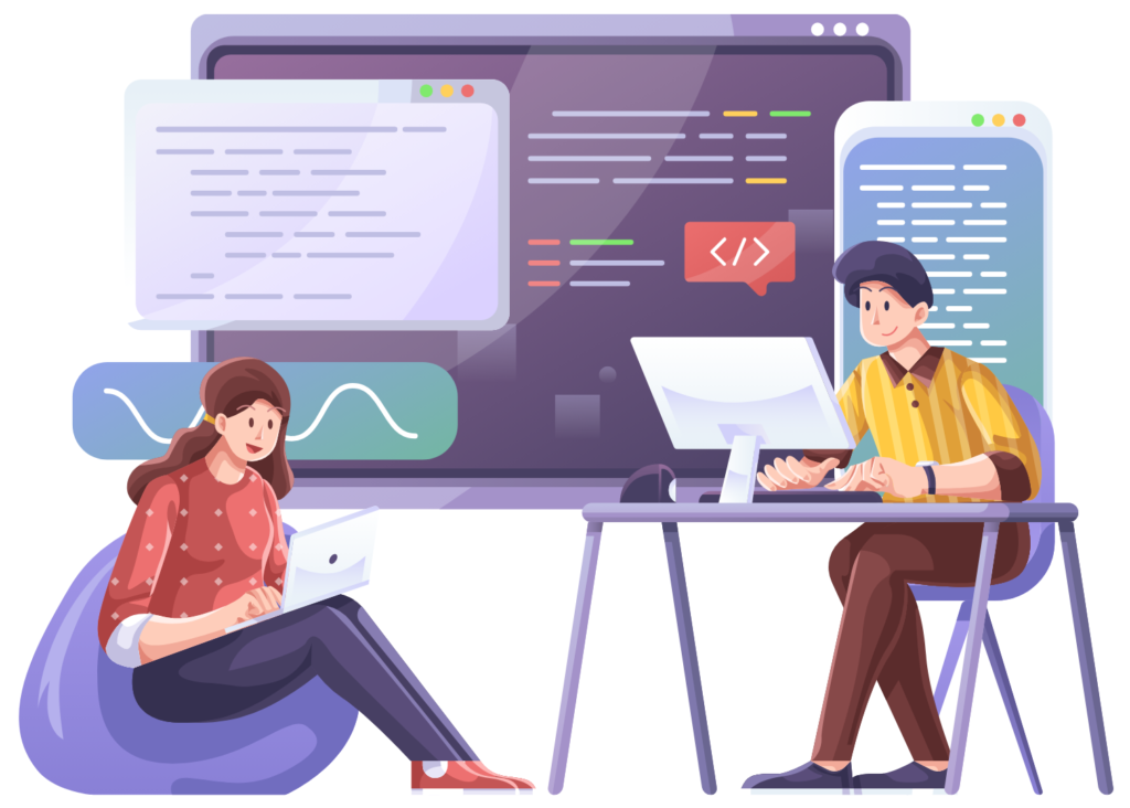 デスクトップでプログラミングしている男性とノートパソコンでプログラミングしている女性