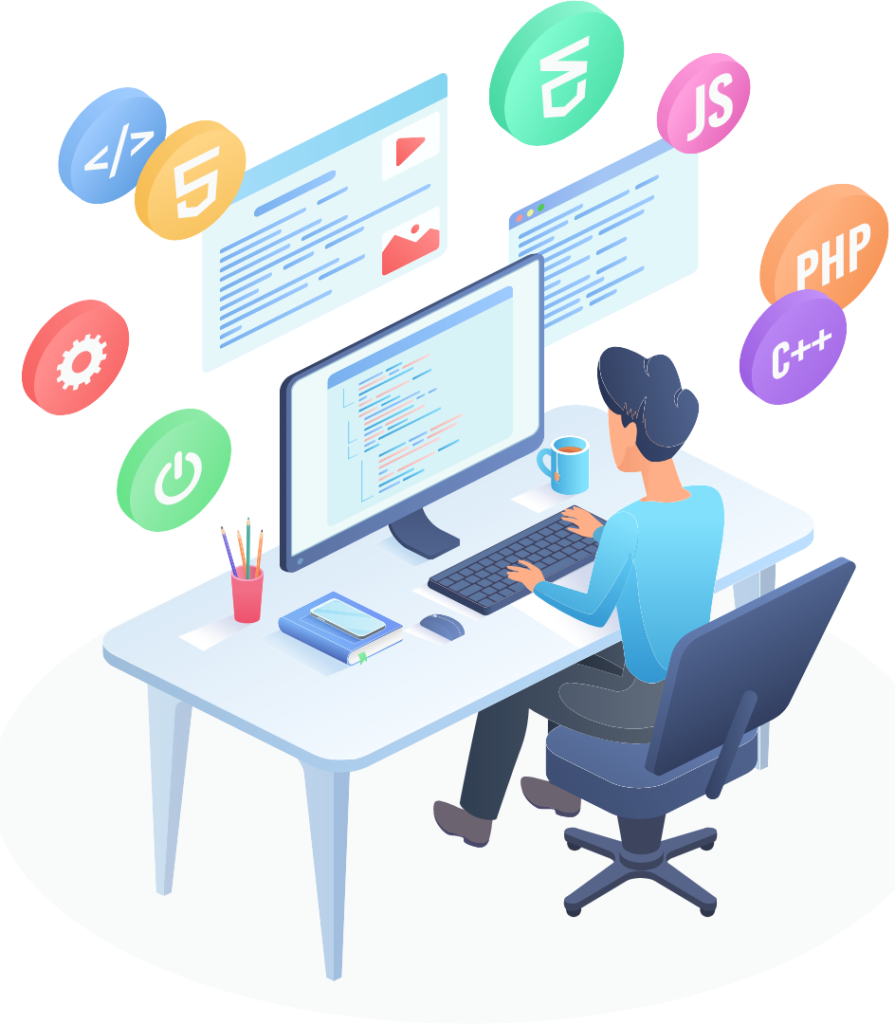 男性がデスクトップでプログラミングをしている