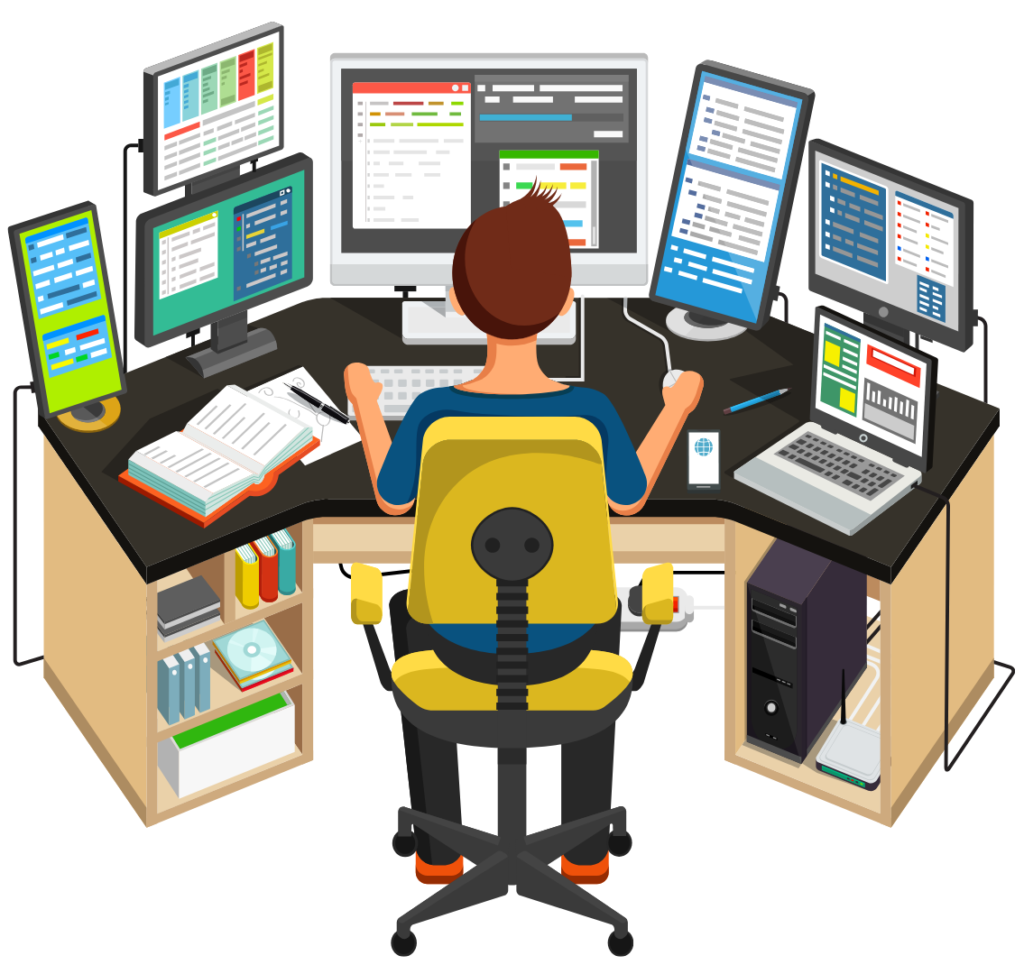 机の上に沢山のパソコンモニターとタブレットを操作しいる男性