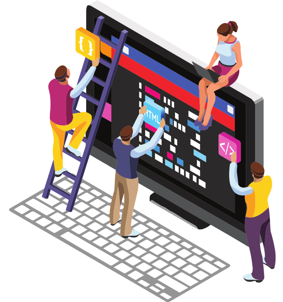 モニターに集まる３人の男性と腰掛けてプログラミングをしている女性