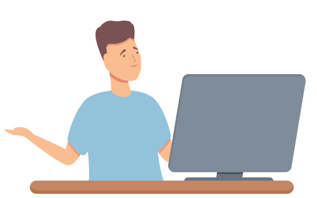 モニター画面の前で右手のひらを上に向けて困っている男性