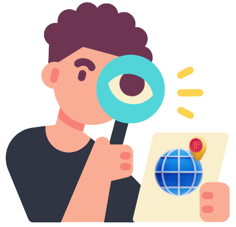 男性が虫眼鏡を持ち、プロバイダとIP情報を詳しく調べているシーンをイラストで描きます