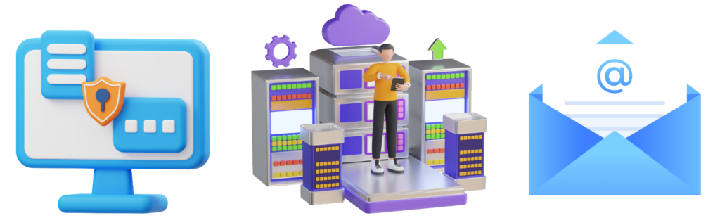 ウィルスセキュリティやクラウドストレージ、独自メール等プロバイダーの様々な付帯サービスを現したイラスト