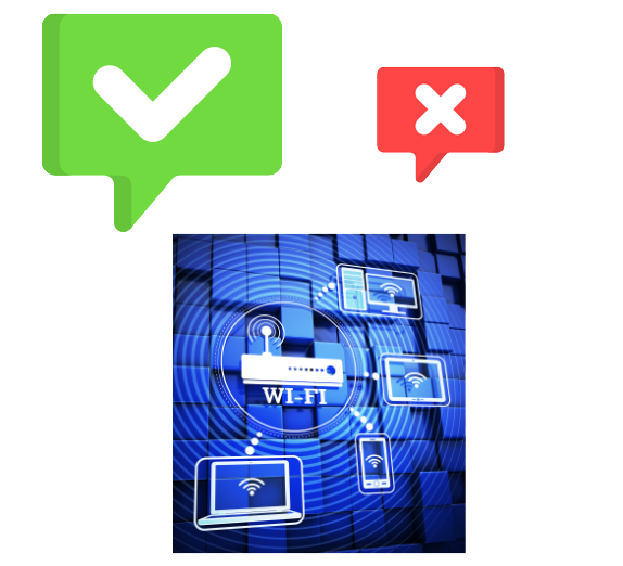 ルータに色々なデバイスを繋げている。その上に大きいメリットマークと小さいデメリットマーク
